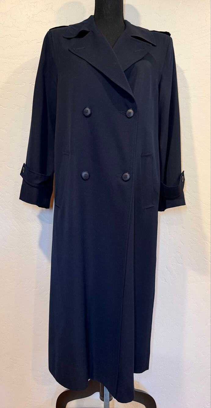 Vintage Kimberly Bennett 100% Worsted Wool Trench Coat Navy Long USA Sz 6